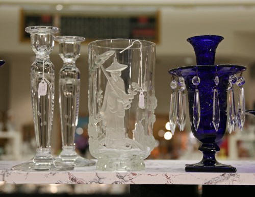 Antique Heisey Glass Candlesticks in a rich cobalt blue and Vase